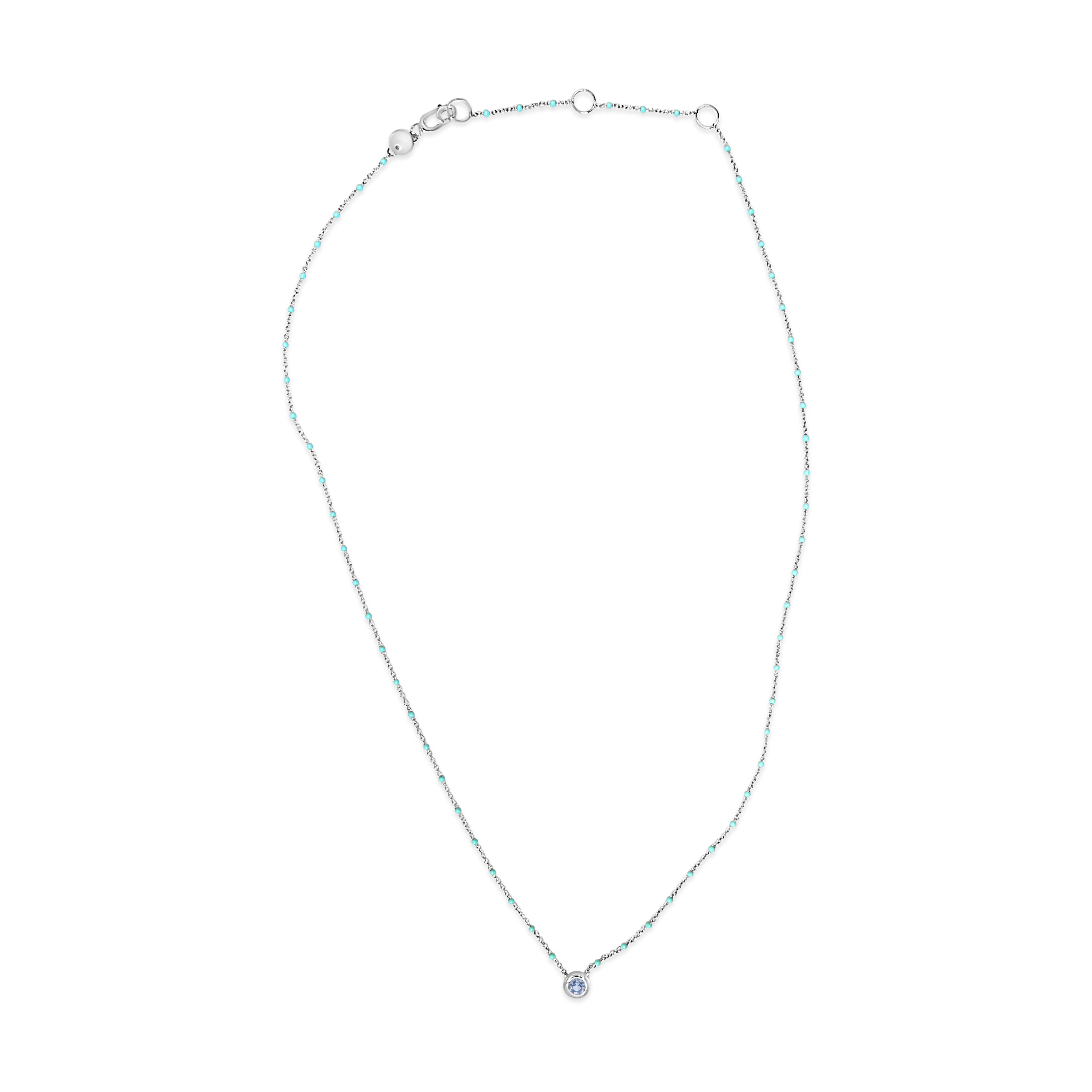 Sterling Silver Bezel Set Light Blue Aquamarine and Enamel Bead Chain Necklace