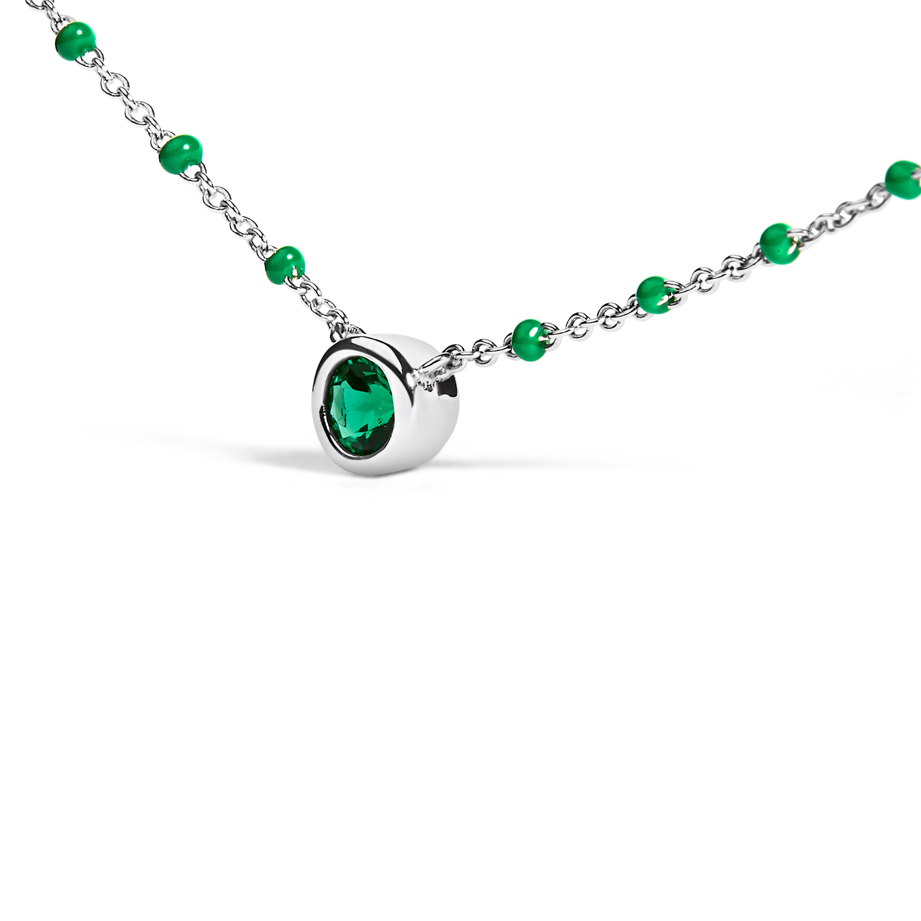 Sterling Silver Lab Created Emerald Bead Chain Necklace