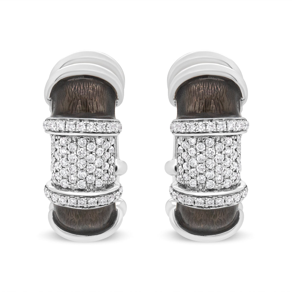 18K White Gold Flash Plated .925 Sterling Silver Clear Graphite Grey Enamel 5/8 Cttw Round Diamonds Huggie Hoop Earrings (F-G Color, VS1-VS2 Clarity)