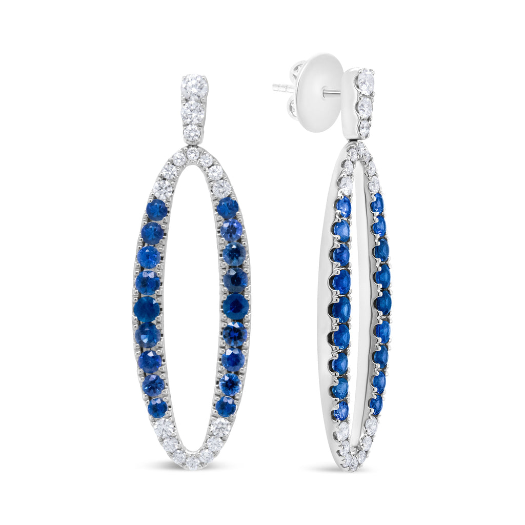 18K White Gold 1.11 Cttw Blue Round Diamond and Blue Sapphire Openwork Oval Shaped Dangle Earrings (F-G Color, VS1-VS2 Clarity)