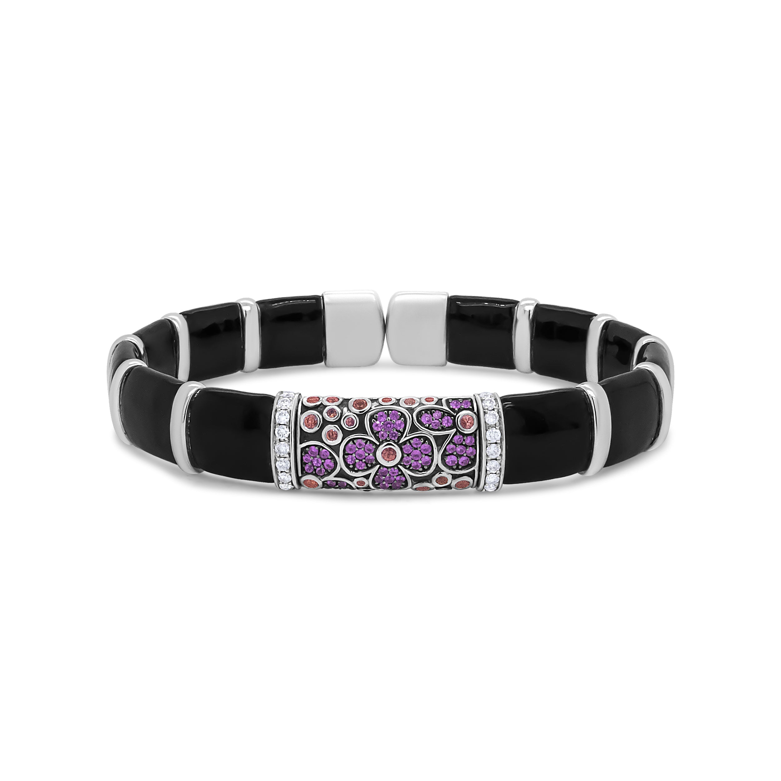 .925 Sterling Silver Black and Brown Enamel 1/3 Cttw Round Diamonds and Pink and Orange Sapphire Gemstones Floral Statement Bangle Bracelet (F-G Color, VS1-VS2 Clarity) - Size 7.75"