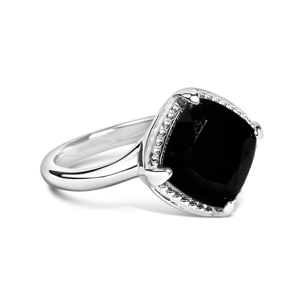 Sterling Silver Cushion Onyx 3-Piece Jewelry Set Ring Earrings Pendant 18 Inch Cable Chain