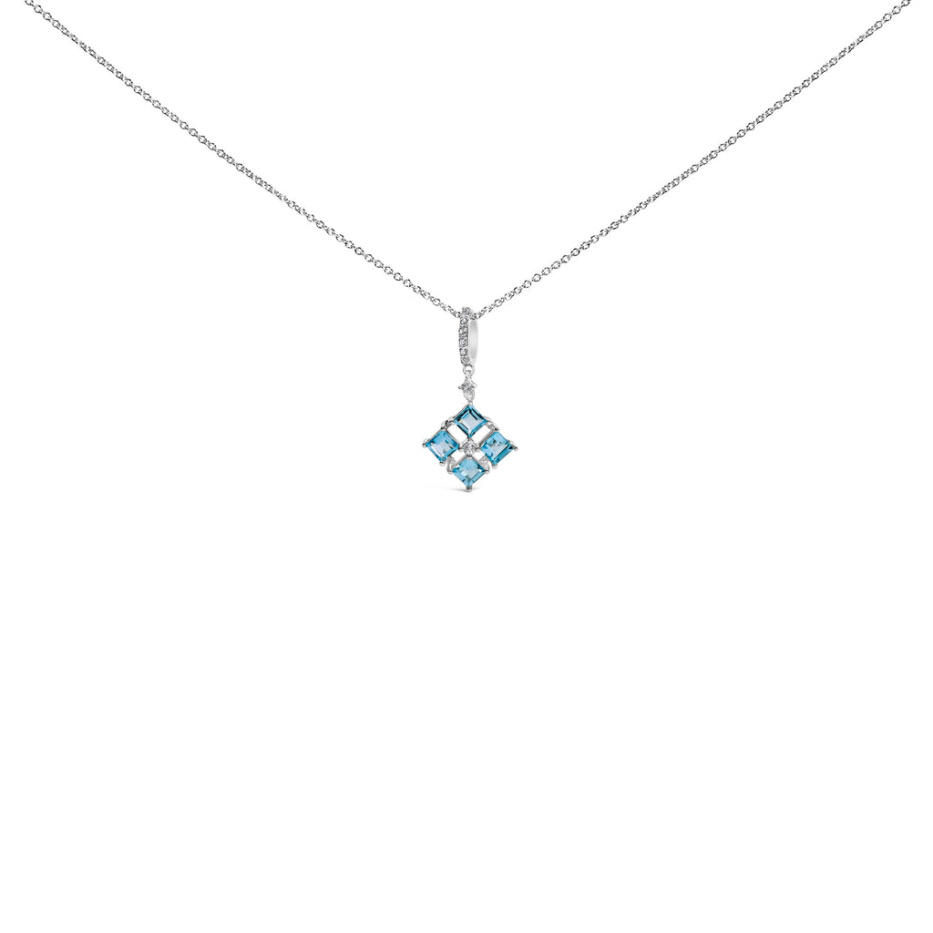 Sterling Silver Blue Topaz and White Sapphire Square Motif Pendant Necklace 18 Inch