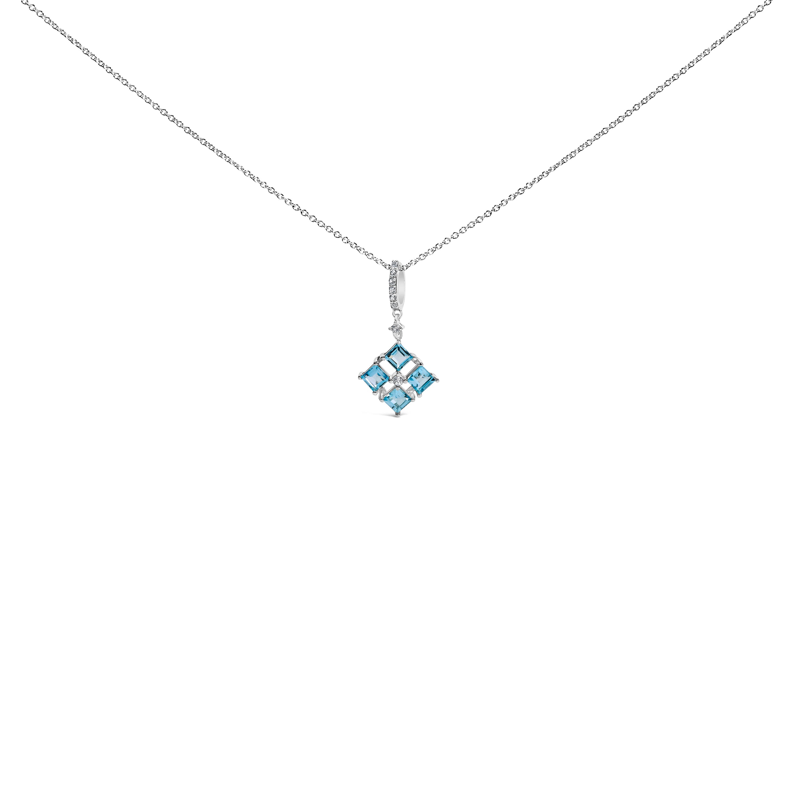 Sterling Silver Blue Topaz and White Sapphire Square Motif Pendant Necklace 18 Inch