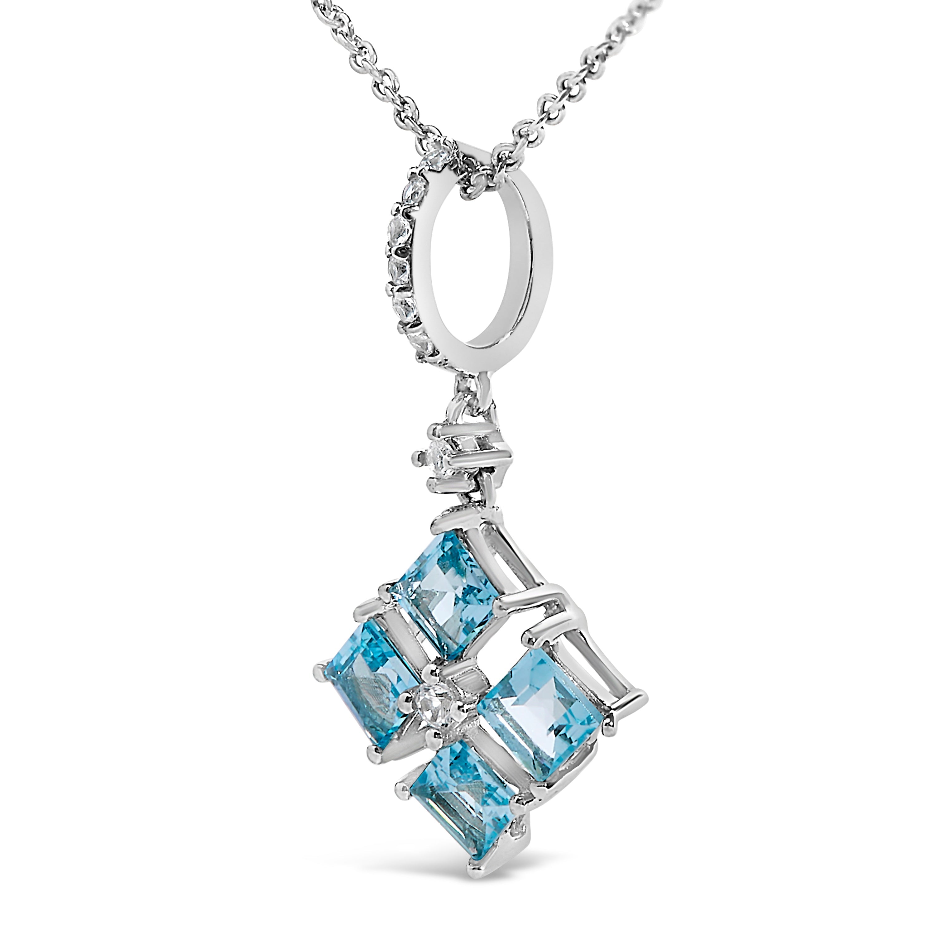 Sterling Silver Blue Topaz and White Sapphire Square Motif Pendant Necklace 18 Inch