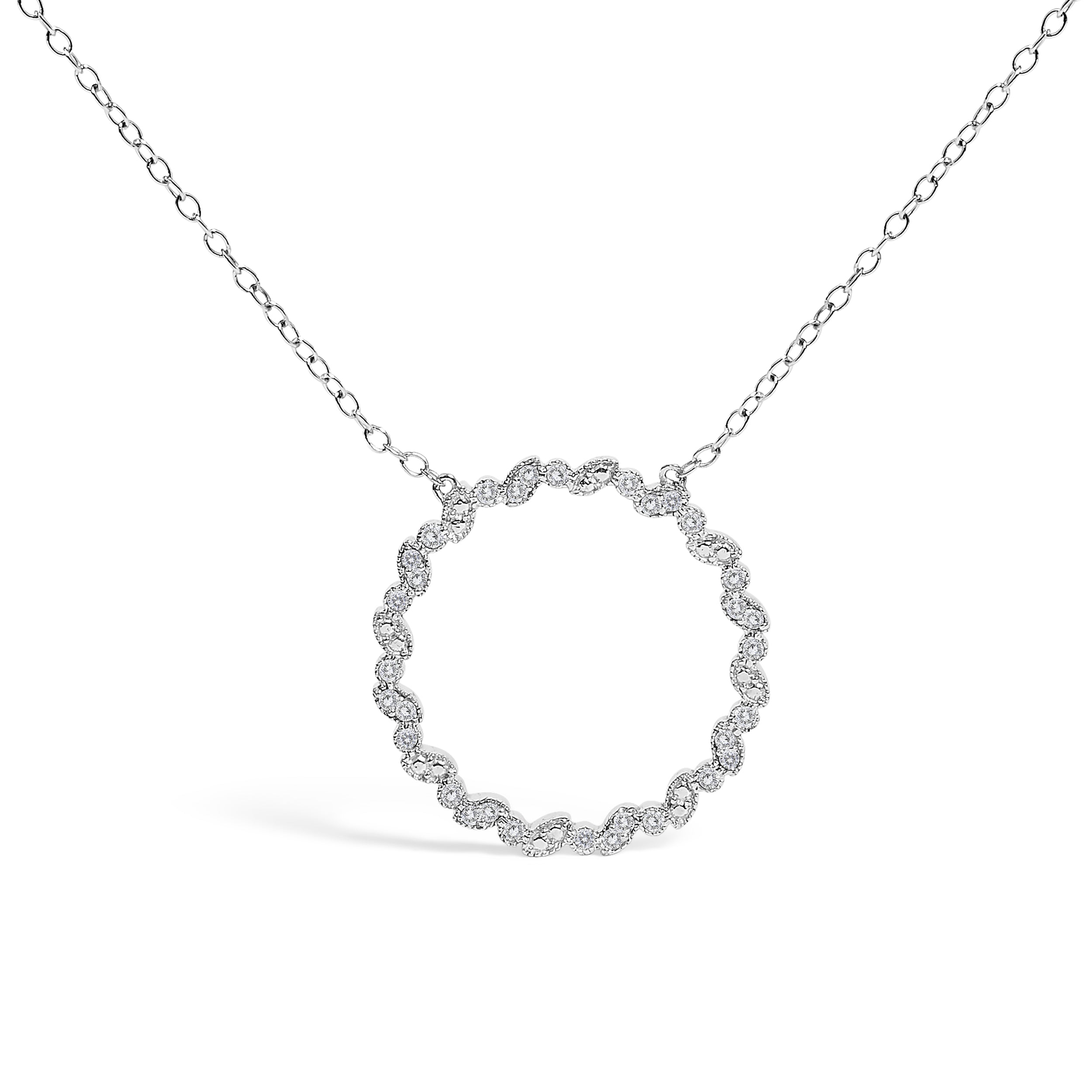 .925 Sterling Silver 1/7 Cttw Lab Grown Diamond Beaded Love Circle Pendant Necklace - Size 18 Inches