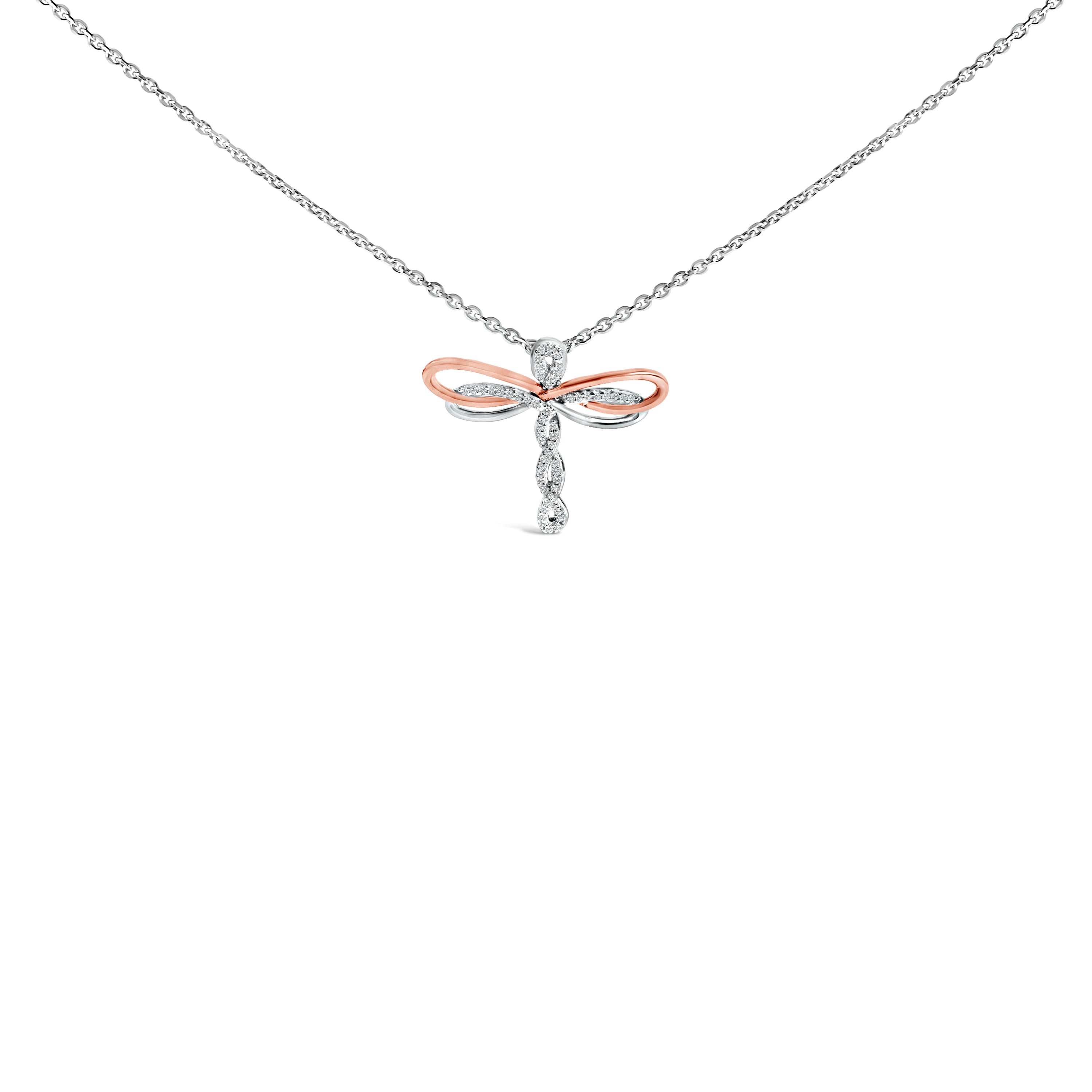 14K Rose Gold Plated Sterling Silver 1/10 Cttw Diamond Dragonfly Pendant Necklace