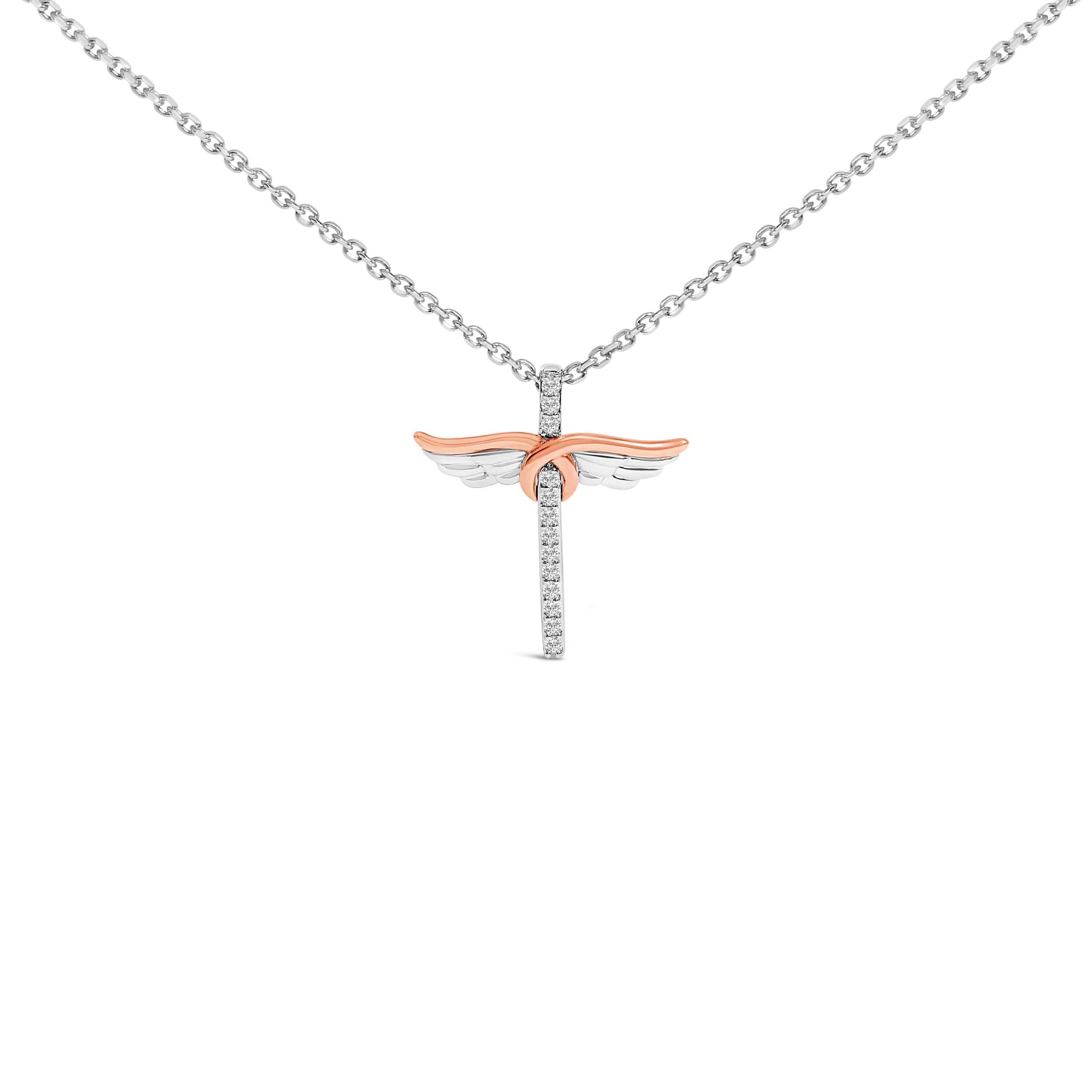14K Rose Gold Plated Sterling Silver 1/5 Cttw Diamond Wing Cross Pendant Necklace