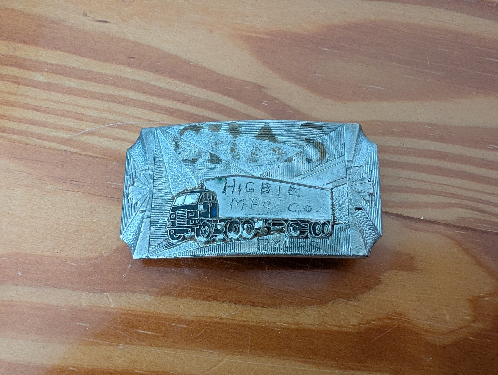 Higbie Mfg. Co. Trucking Buckle from Unknown - 1970s Apparel / Accessories (Pewter or mixed metal alloy Belt Buckle, Trucker, Vintage, Americana, Silver)