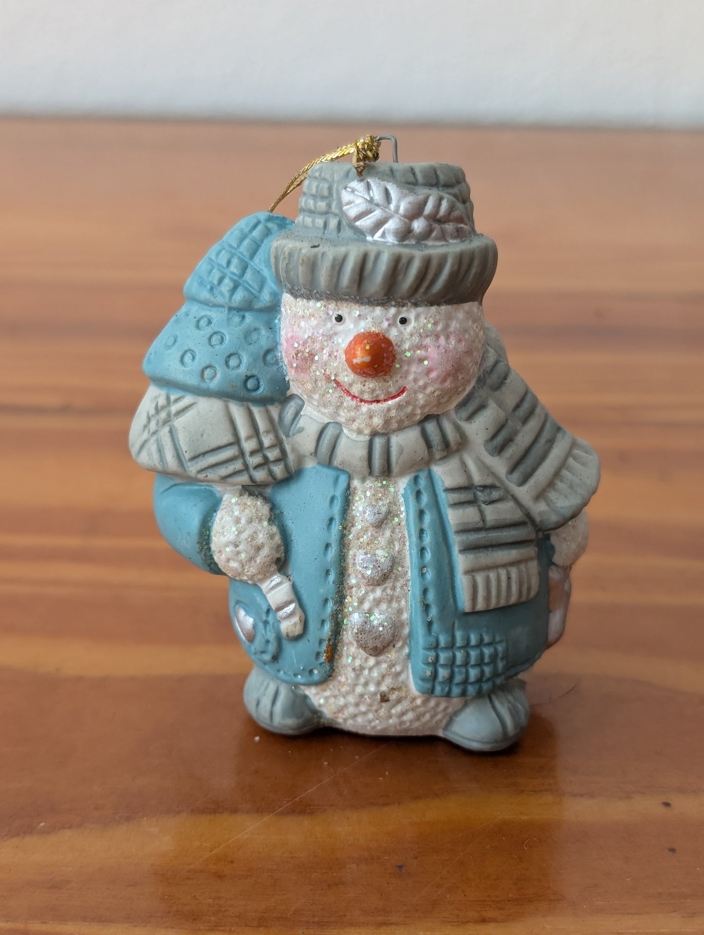 Snowman with Tree Ornament from Unknown -  Holiday Decor (Resin, Glitter Christmas Ornament, Christmas, Holiday, Traditional, Blue, Grey, White)