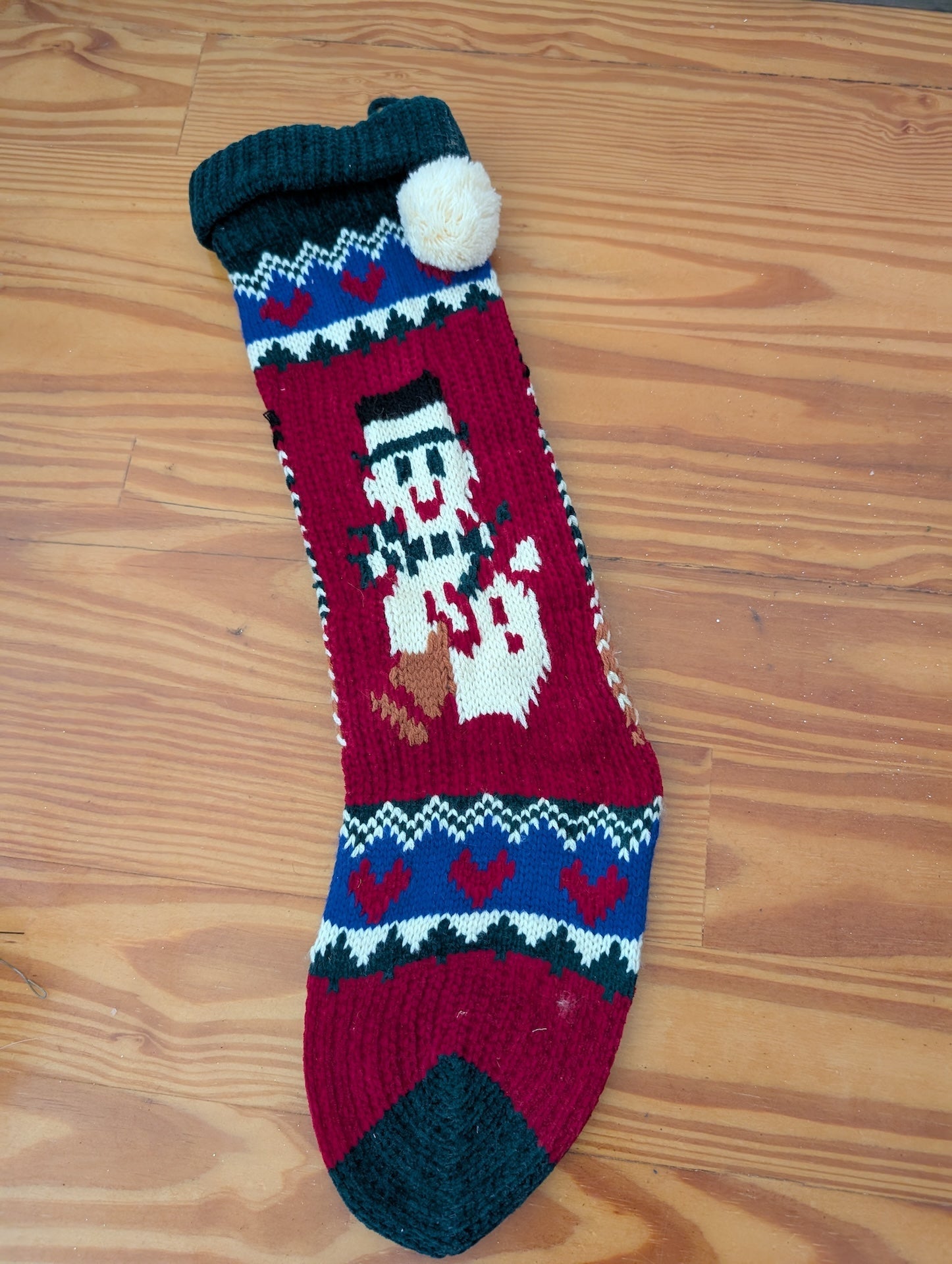 Knitted Snowman Stocking from Unknown -  Linens (Wool or Acrylic Yarn Stocking, Scandinavian, Rustic, Folk Art, Red, Green, Blue, White)
