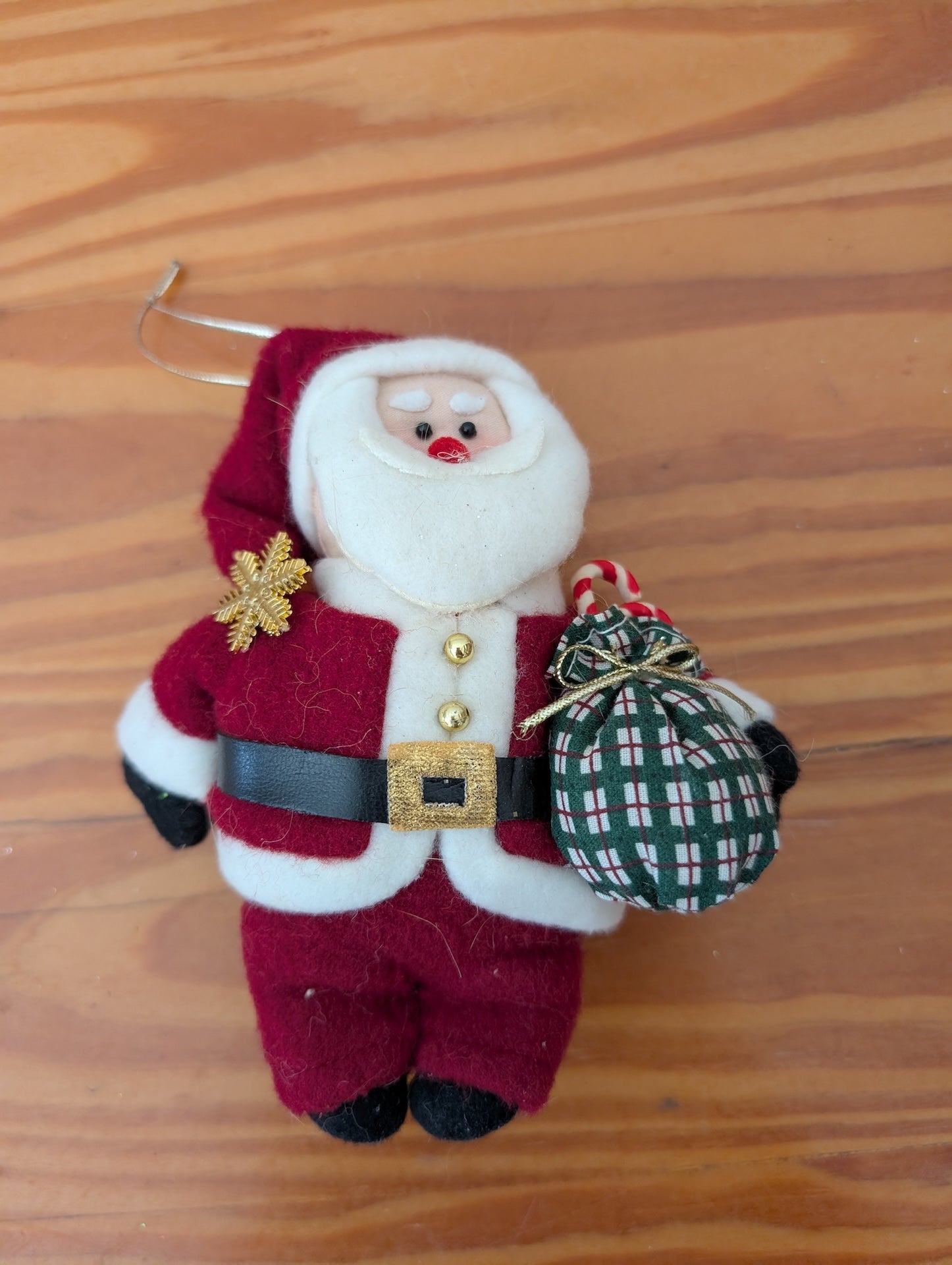 Plush Santa Ornament with Plaid Bag from Unknown -  Ornaments (Fabric, Felt Ornament, Traditional, Rustic, Red, White, Green)