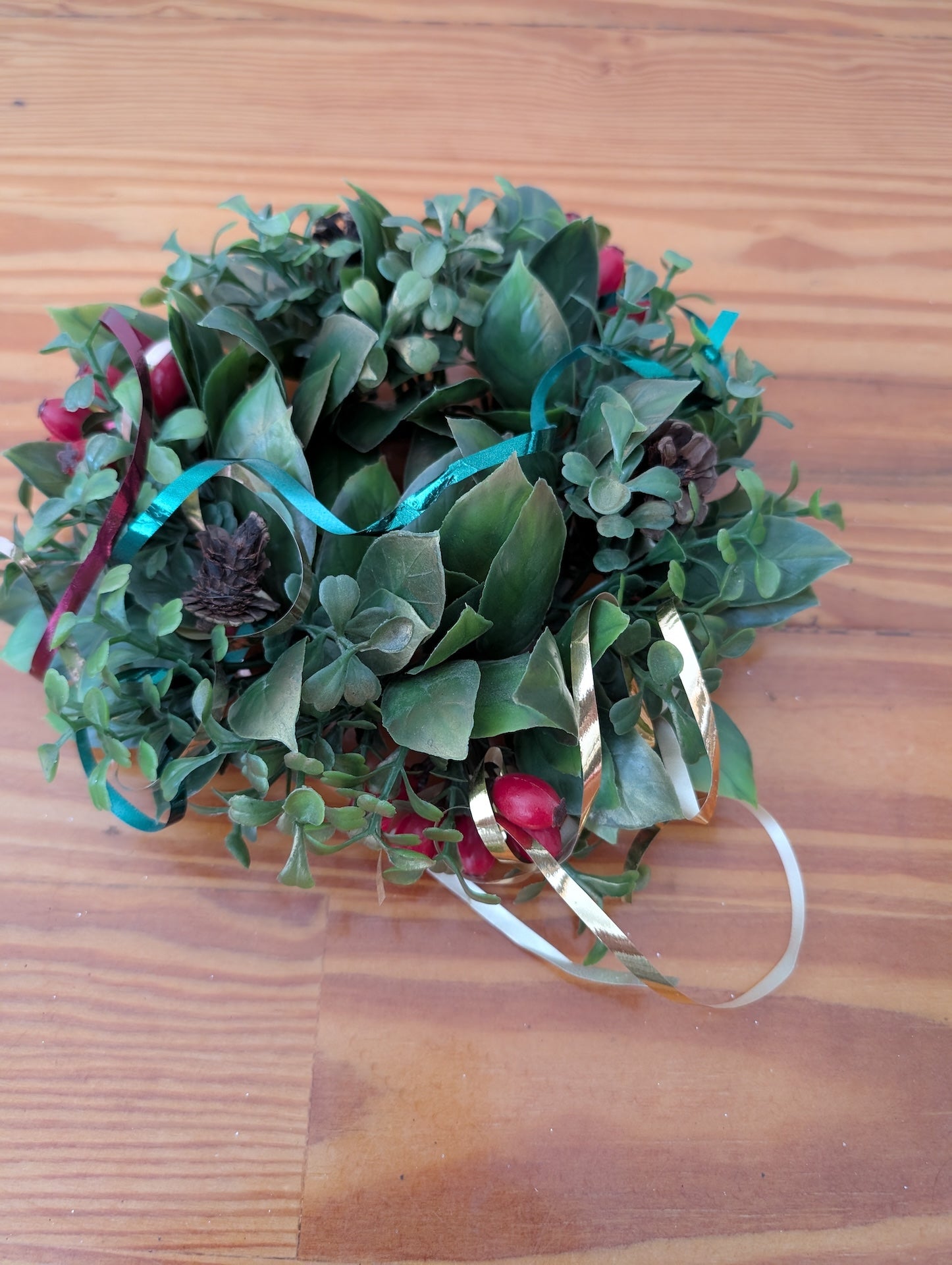 Candle Ring Wreath from Unknown -  Holiday Decor (Plastic, Pinecone, Ribbon Decor, Traditional, Green, Red, Gold, Blue)