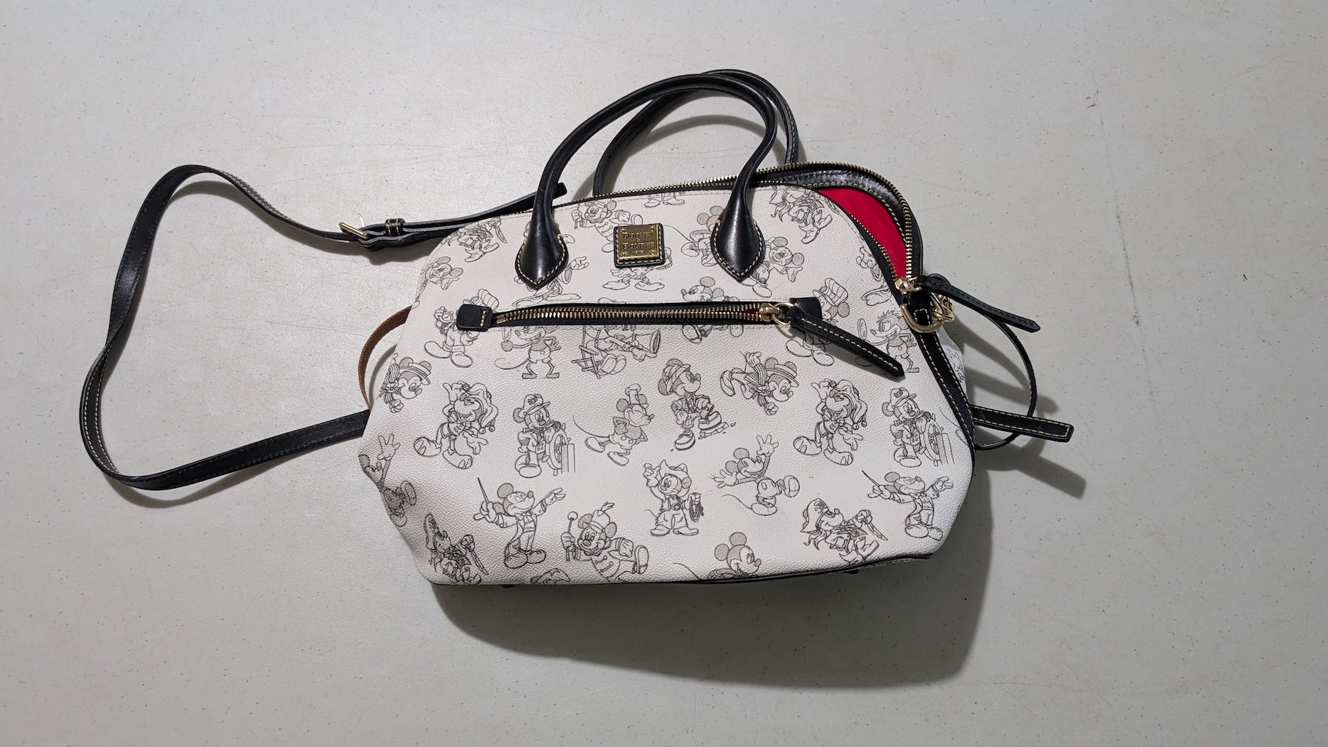I Am Mickey / Mickey Mouse Sketch Satchel from Dooney & Bourke - 2010s Handbag (Coated Cotton, Leather Satchel, Disney Characters, Animation History, White, Black)