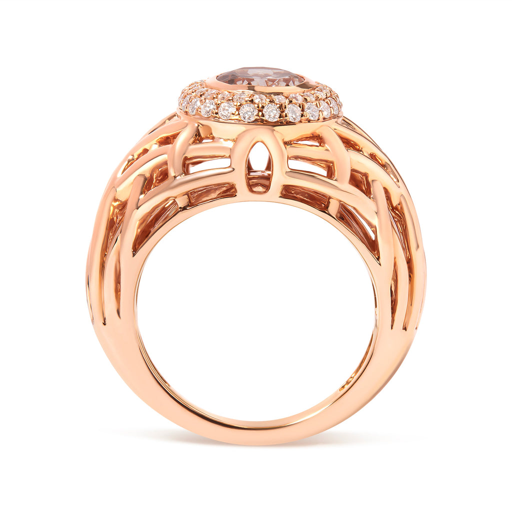 14K Rose Gold Oval Cut Light Pink Morganite and 3/8 Cttw Diamonds Halo and Basket Weave Cocktail Ring (G-H Color, SI1-SI2 Clarity) - Size 7