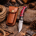 Damascus Steel – Trailing Point Folding Pocket Knife – Red & Black Pakkawood Handle – Brass Hardware & Leather Sheath – Hunting, Camping & EDC - TF-077