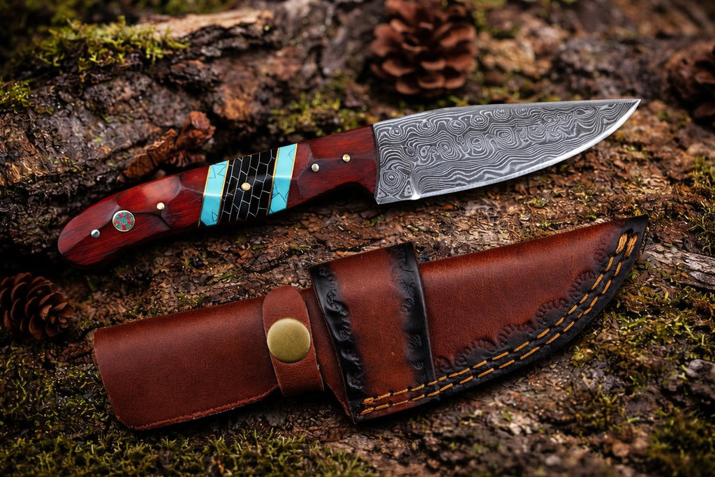 Hand-Forged Damascus Steel Drop Point Outdoor Utility Tool | Rosewood, Turquoise & Black Honeycomb Handle - TK-503