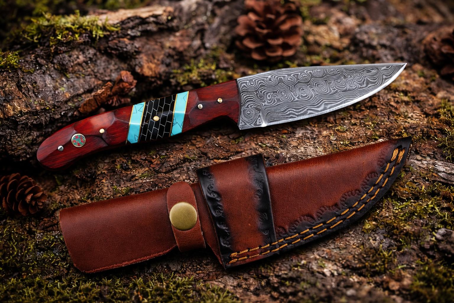 Hand-Forged Damascus Steel Drop Point Outdoor Utility Tool | Rosewood, Turquoise & Black Honeycomb Handle - TK-503