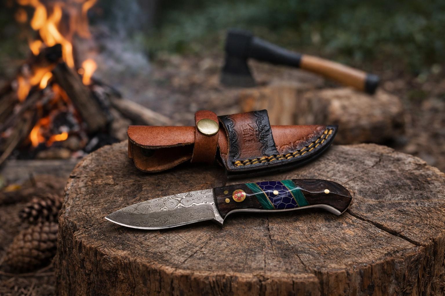Hand-Forged Damascus Steel Drop Point Outdoor Utility Tool | Dark Wood, Green Resin & Purple Honeycomb Handle TK-509