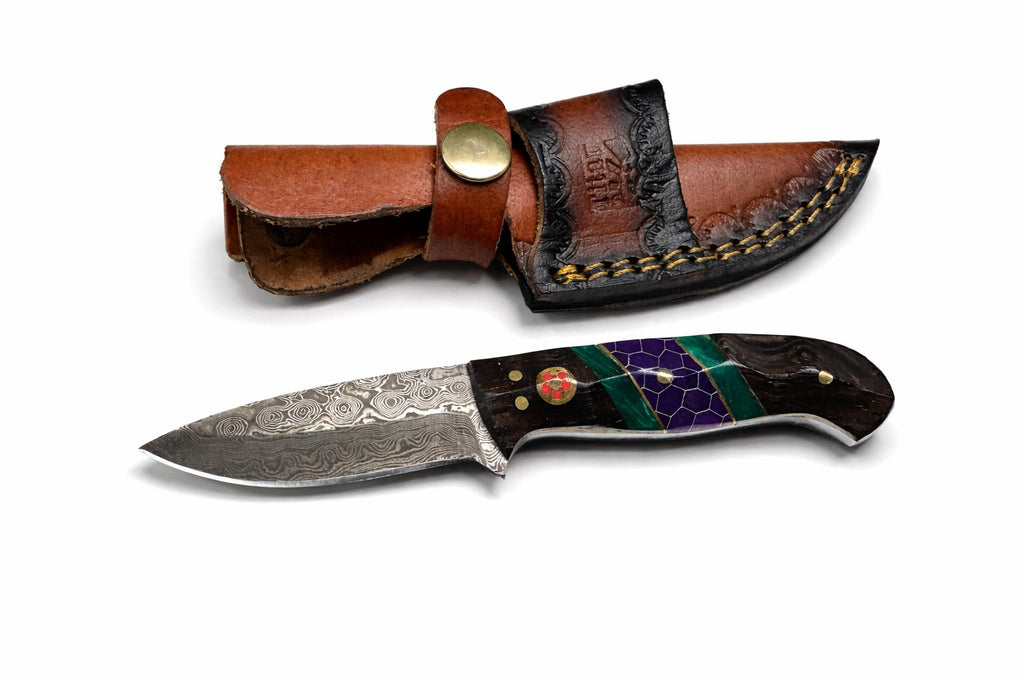 Hand-Forged Damascus Steel Drop Point Outdoor Utility Tool | Dark Wood, Green Resin & Purple Honeycomb Handle TK-509