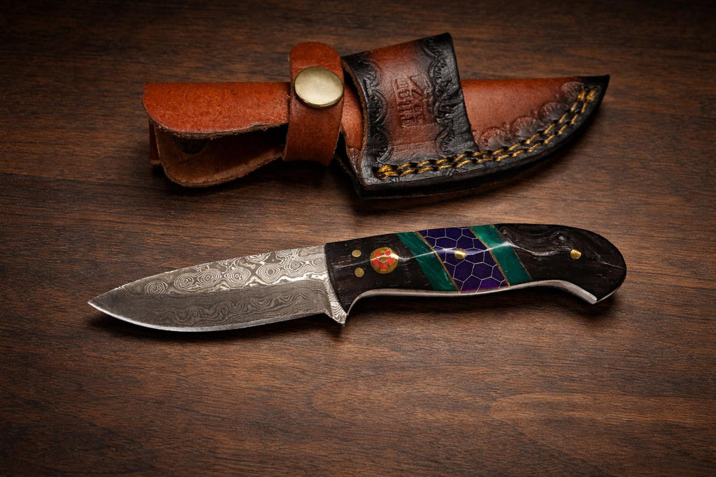 Hand-Forged Damascus Steel Drop Point Outdoor Utility Tool | Dark Wood, Green Resin & Purple Honeycomb Handle TK-509