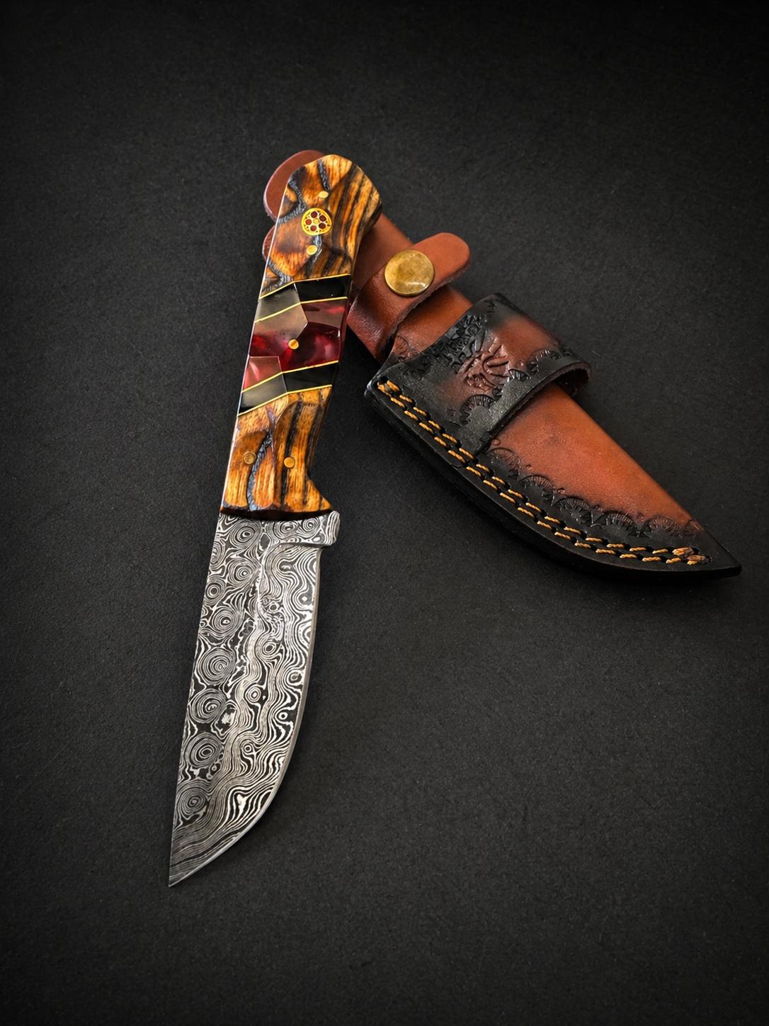 Hand-Forged Damascus Steel Drop Point Knife | Bocote Wood & Ruby Red Resin Handle | Leather Sheath TK-512
