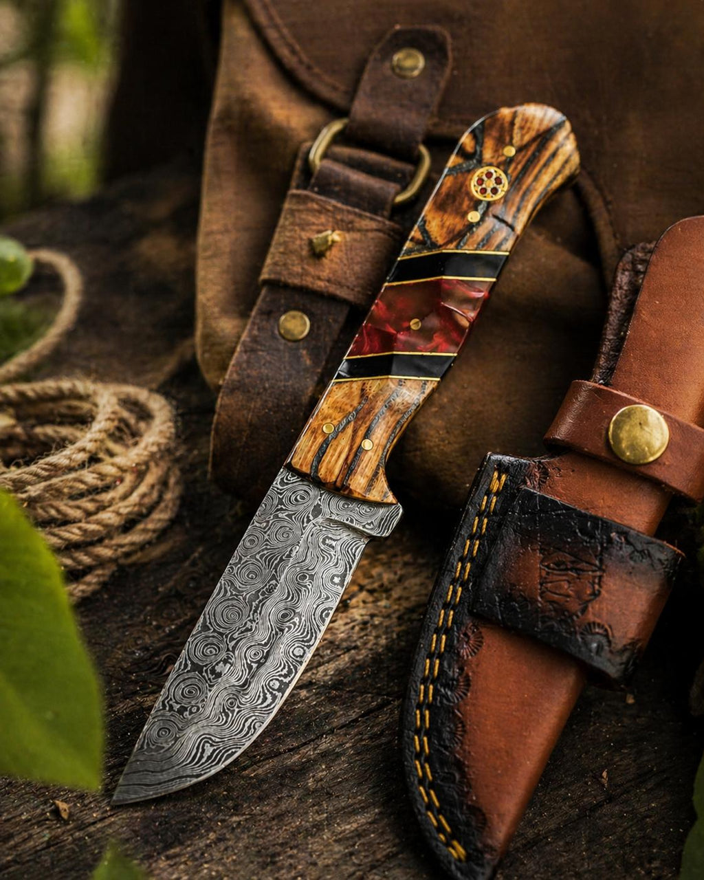 Hand-Forged Damascus Steel Drop Point Knife | Bocote Wood & Ruby Red Resin Handle | Leather Sheath TK-512