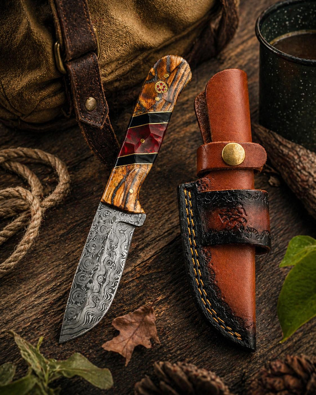 Hand-Forged Damascus Steel Drop Point Knife | Bocote Wood & Ruby Red Resin Handle | Leather Sheath TK-512