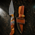 Titan "Painted Mesa" Damascus Hunting Knife | Cocobolo Rosewood & Turquoise Mosaic Handle | Hand-Tooled Leather Sheath TK-514
