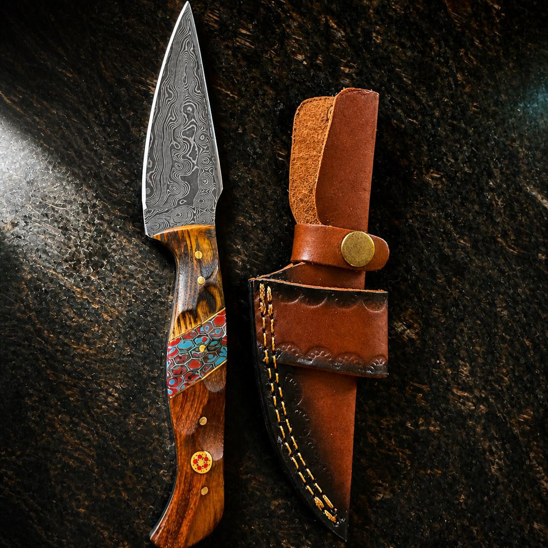 Titan "Painted Mesa" Damascus Hunting Knife | Cocobolo Rosewood & Turquoise Mosaic Handle | Hand-Tooled Leather Sheath TK-514