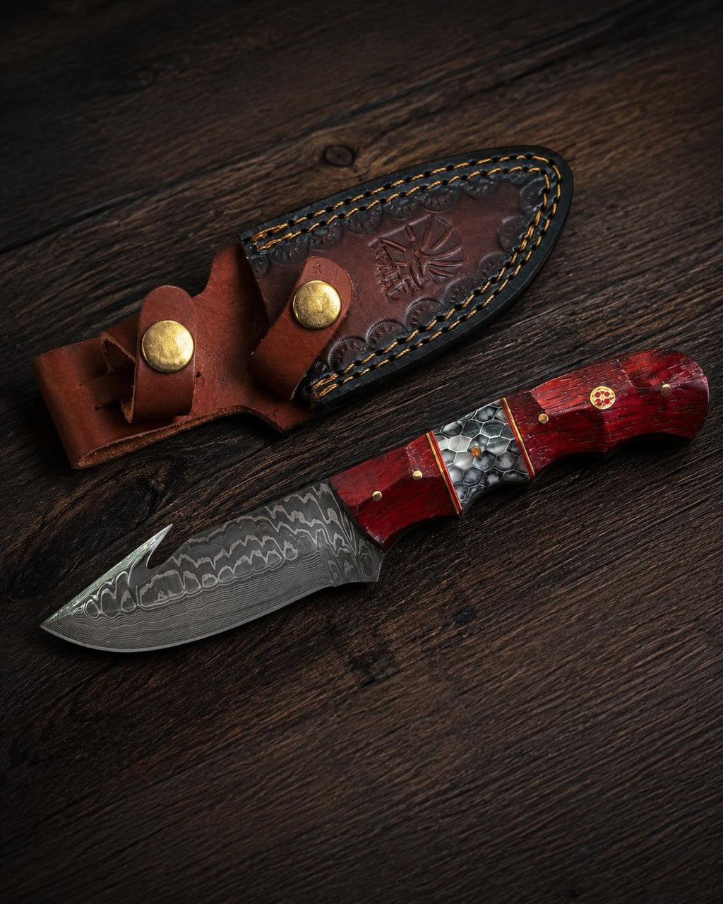 Damascus Steel Fixed Blade Hunting Knife with Gut Hook, Padauk Wood & Cobra Honeycomb Resin Inlay Handle for Field Dressing & Camping with Custom Leather Sheath TK-517