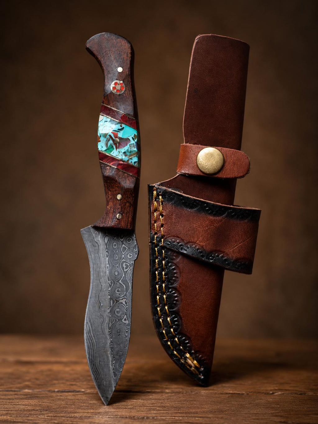 Damascus Steel Fixed Blade Drop Point Hunting Knife, Dark Wood & Turquoise Resin Inlay Handle for Camping & Bushcraft with Custom Leather Sheath TK-520