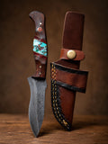 Damascus Steel Fixed Blade Drop Point Hunting Knife, Dark Wood & Turquoise Resin Inlay Handle for Camping & Bushcraft with Custom Leather Sheath TK-520