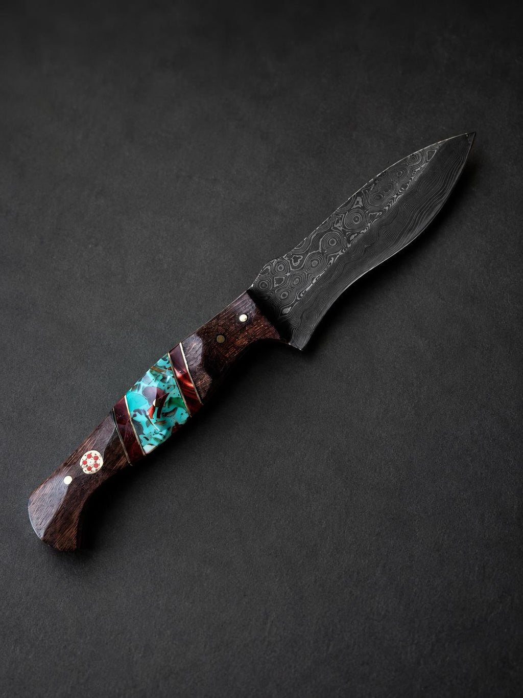 Damascus Steel Fixed Blade Drop Point Hunting Knife, Dark Wood & Turquoise Resin Inlay Handle for Camping & Bushcraft with Custom Leather Sheath TK-520