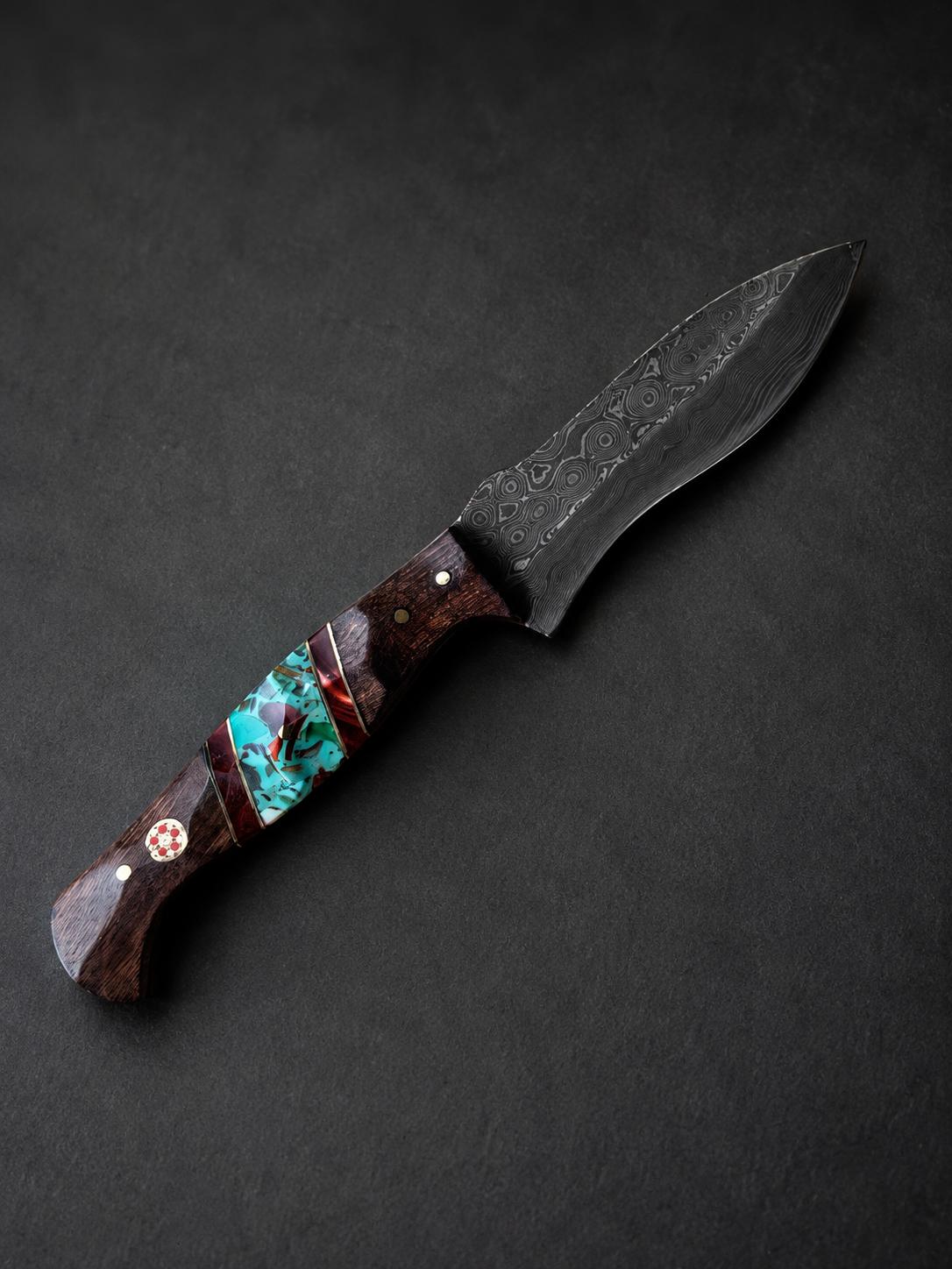 Damascus Steel Fixed Blade Drop Point Hunting Knife, Dark Wood & Turquoise Resin Inlay Handle for Camping & Bushcraft with Custom Leather Sheath TK-520