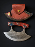 Titan "Ruby Hive" Damascus Ulu Knife | Ruby & Cobalt Honeycomb Resin Handle | Custom Crescent Leather Sheath TK-525