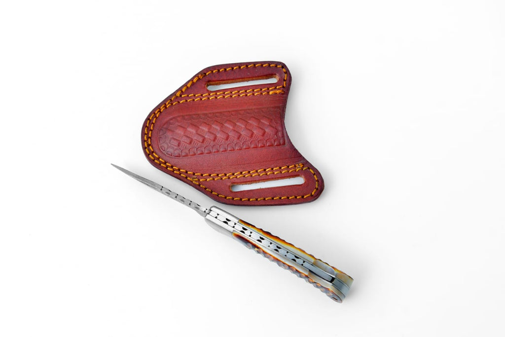 Stag Horn Style Damascus Folding Knife with Leather Sheath - TF-098