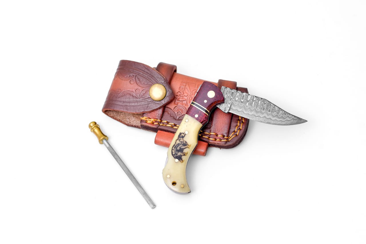 Bear Engraved Damascus Folding Knife with Leather Sheath - TF-100