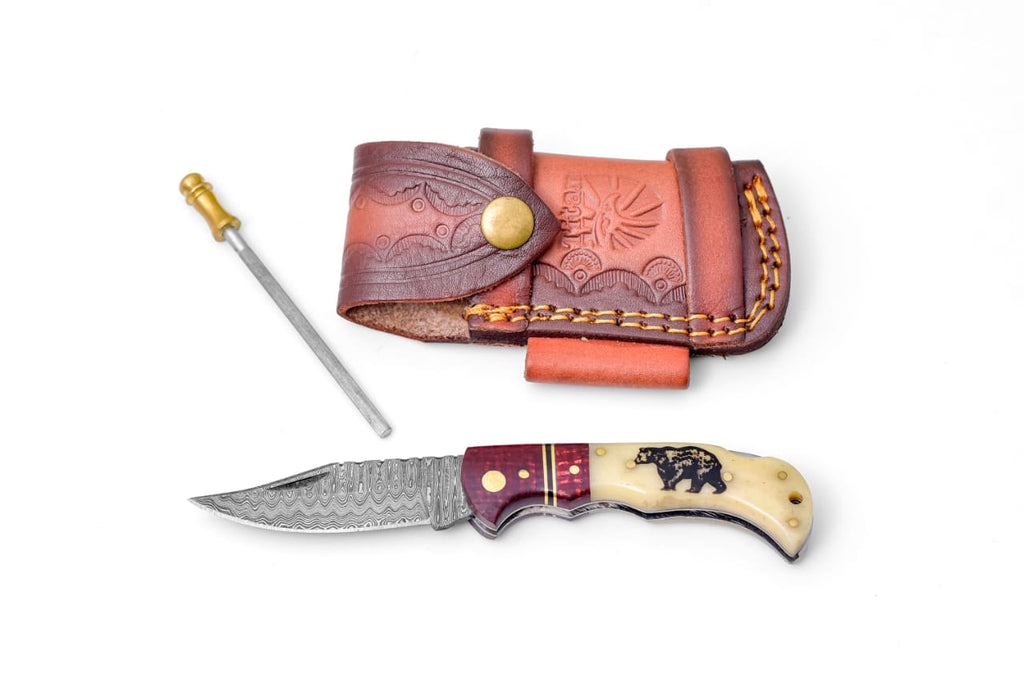 Bear Engraved Damascus Folding Knife with Leather Sheath - TF-100
