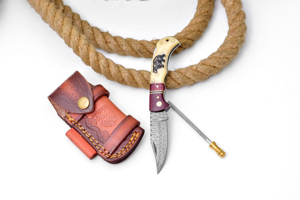 Bear Engraved Damascus Folding Knife with Leather Sheath - TF-100