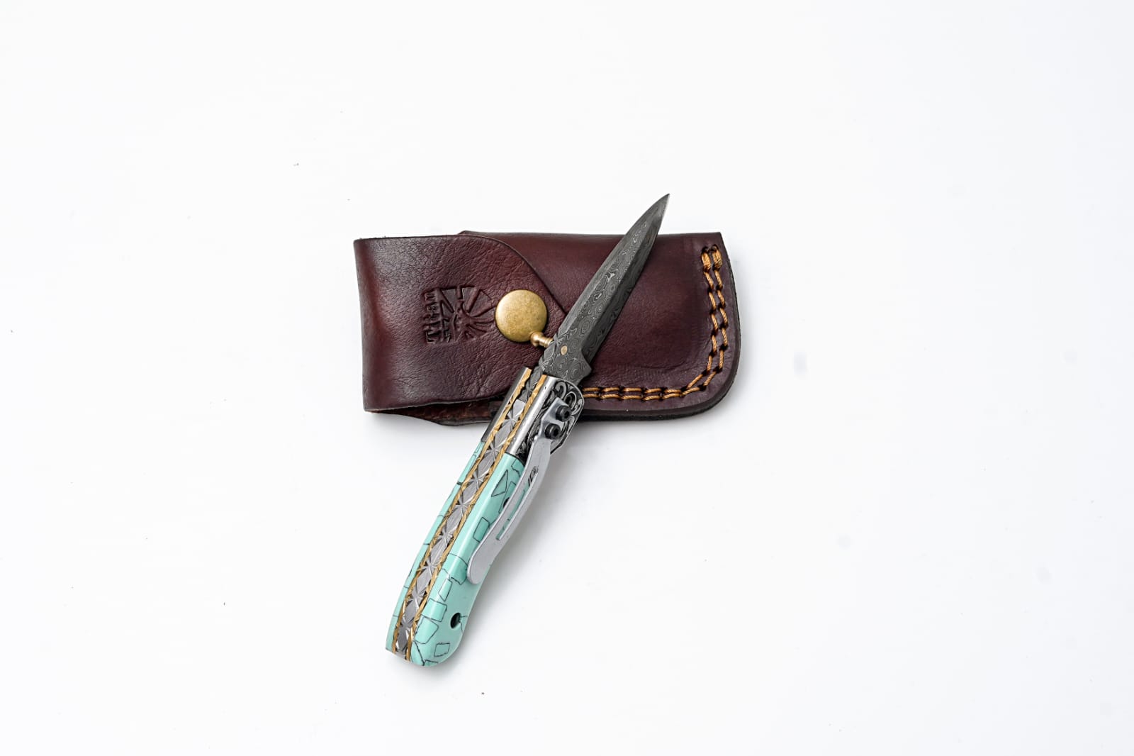 Turquoise Damascus Folding Knife – Hand Engraved Bolster Edition - TF-091