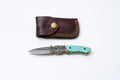 Turquoise Damascus Folding Knife – Hand Engraved Bolster Edition - TF-091