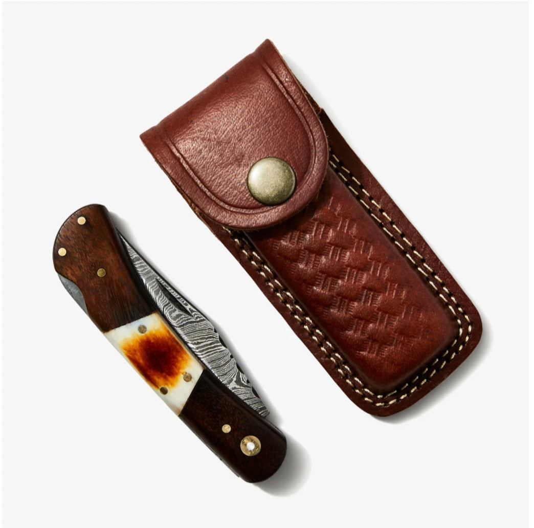 Walnut & Torched Bone Damascus Pocket Knife - TF-091