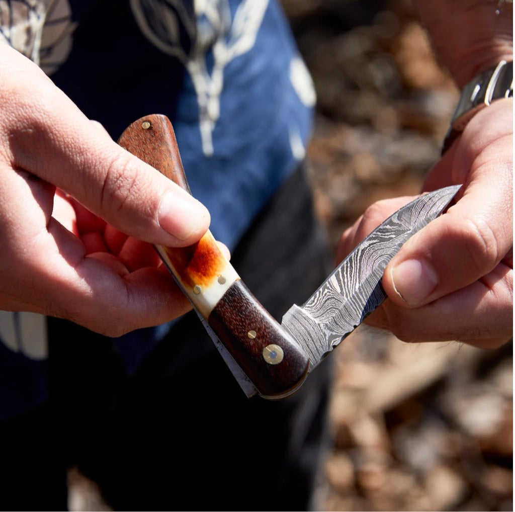 Walnut & Torched Bone Damascus Pocket Knife - TF-091