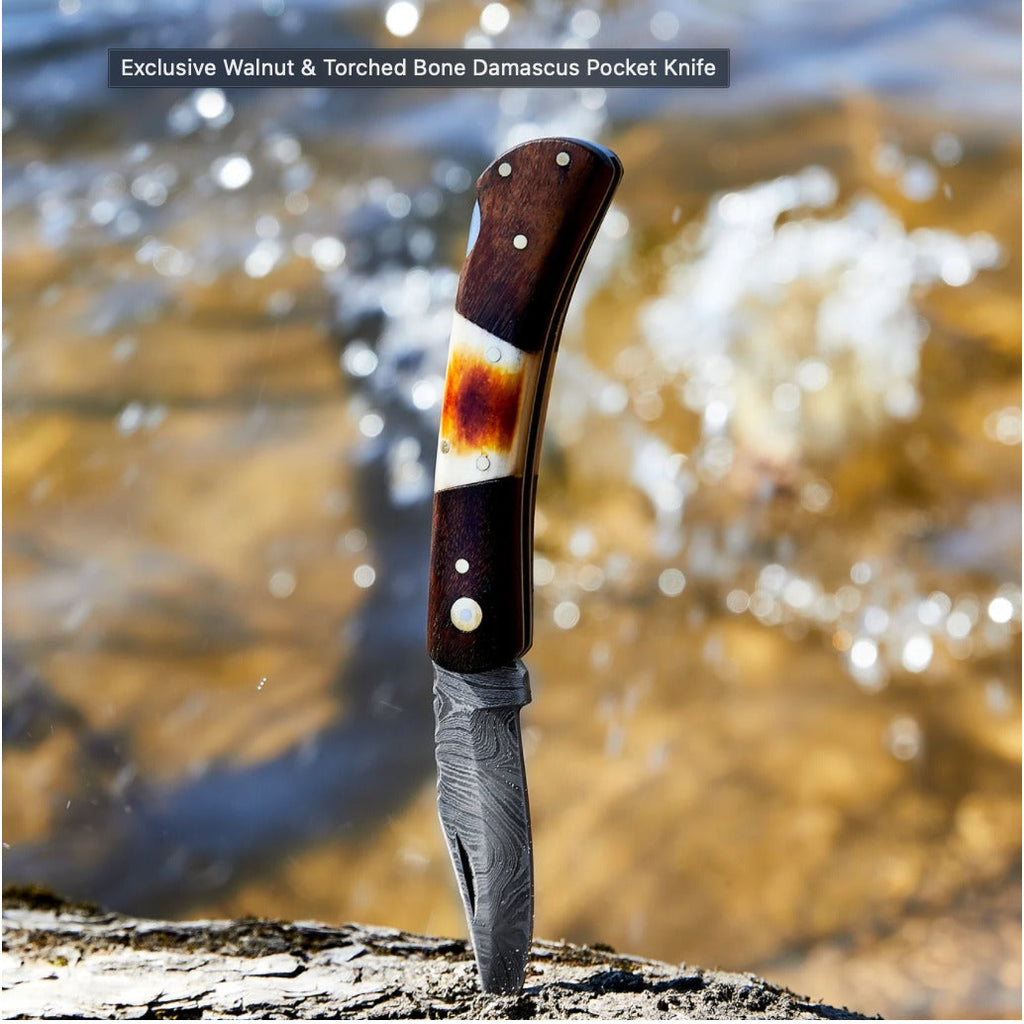 Walnut & Torched Bone Damascus Pocket Knife - TF-091