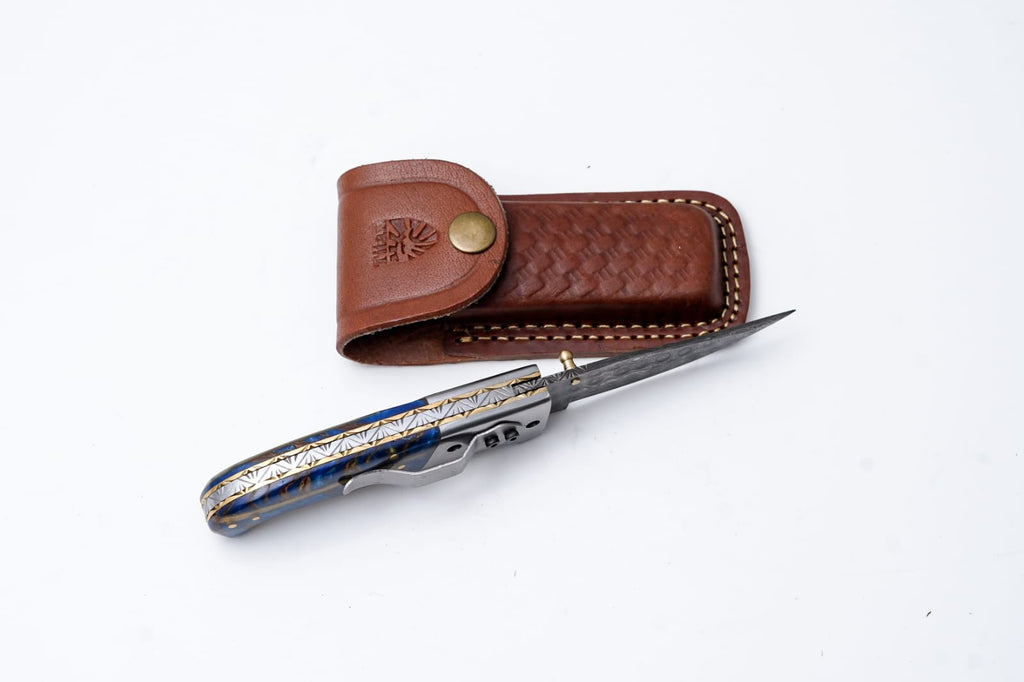 Hand-Engraved Folding Knife with Leather Sheath – Damascus-Inspired Detailing - TF-093