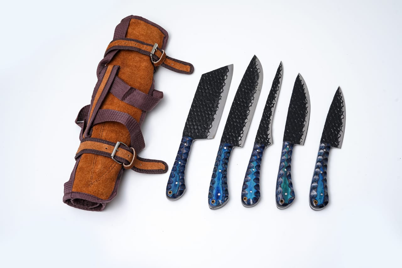 5-Piece Hand-Forged Kitchen Knife Set - Dragon Scale Carbon Steel - Blue Diamond wood Handles & Leather roll - CK-001