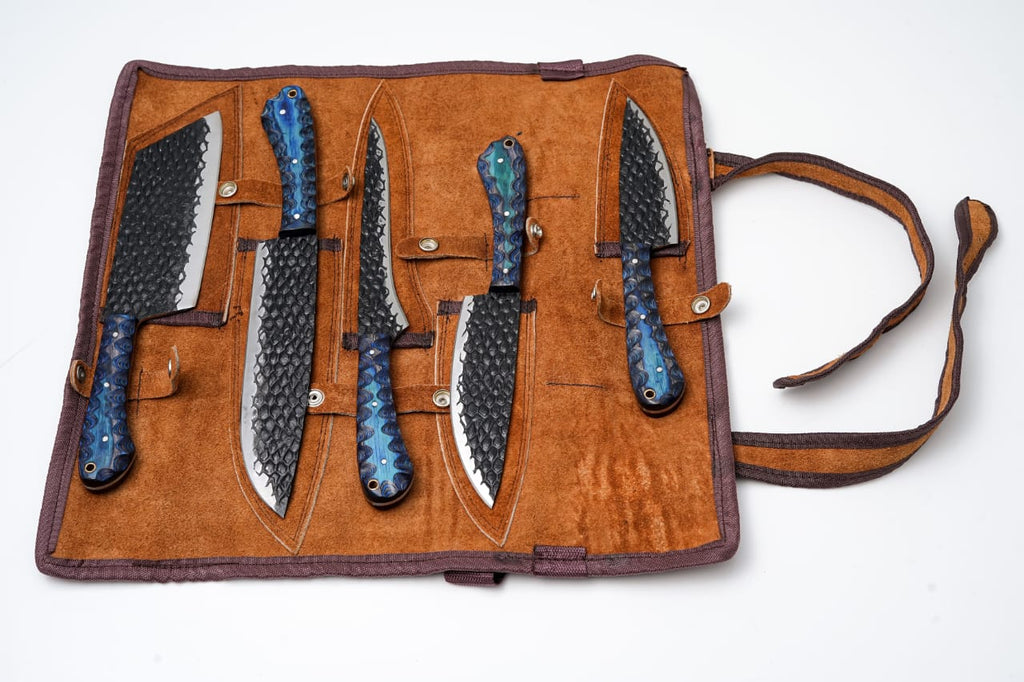 5-Piece Hand-Forged Kitchen Knife Set - Dragon Scale Carbon Steel - Blue Diamond wood Handles & Leather roll - CK-001