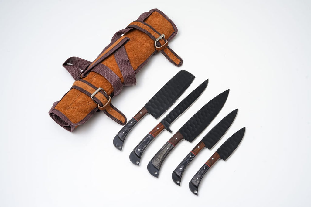 Hand-Forged 5-Piece Kitchen Knife Set | Hammered Black Carbon Steel | Pakkawood & Black WalnutHandles - CK-003