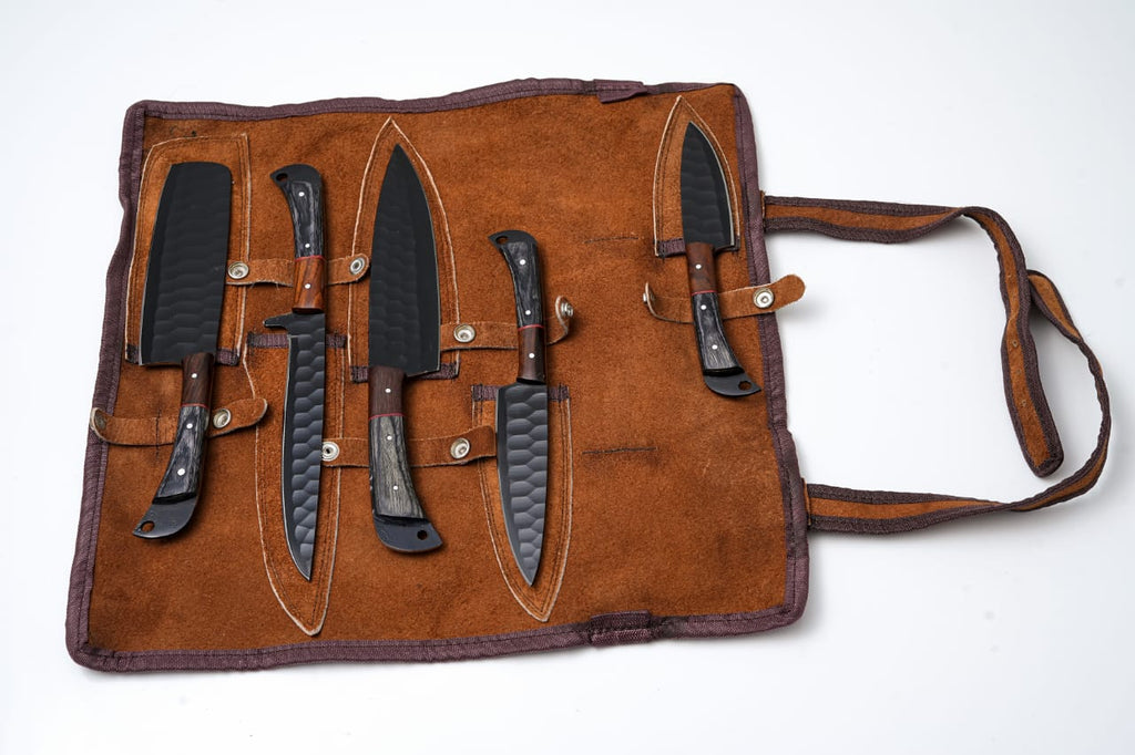 Hand-Forged 5-Piece Kitchen Knife Set | Hammered Black Carbon Steel | Pakkawood & Black WalnutHandles - CK-003
